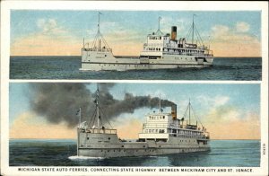 Michigan State Auto Car Ferry BaotsMackinaw City & St. Ignace c1920 Postcard