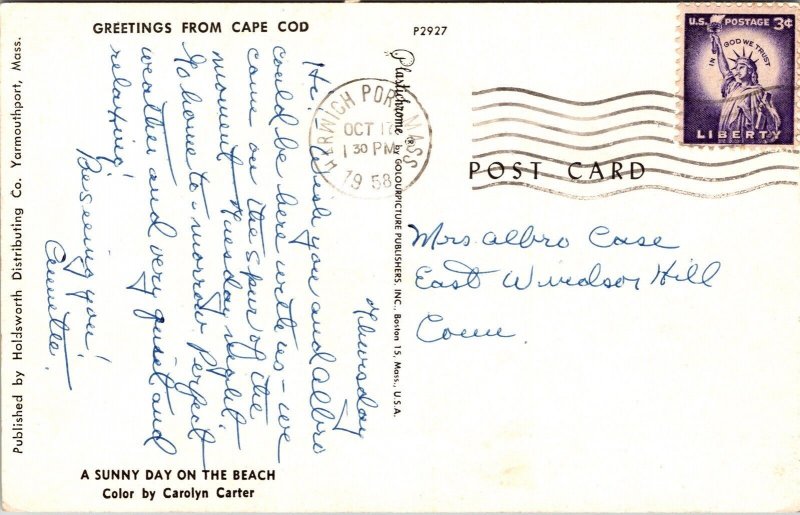 Greetings Cape Cod Massachusetts Sunny Day Beach Cancel 1958 PM Vintage Postcard