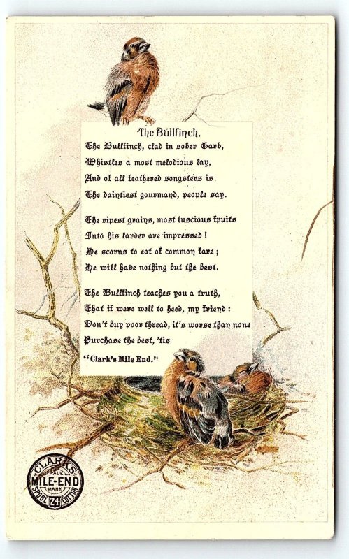 c1880 CLARK'S MILE-END SPOOL COTTON THE BULLFINCH BIRDS NEST TRADE CARD P1980