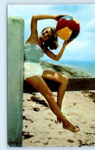 Risque Cheesecake BATHING BEAUTY at Ocean With BEACH BALL c1950s  Postcard
