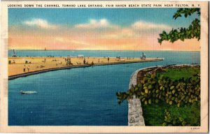 Channel to Lake Ontario, Fair Haven Beach State Park Fulton NY Vtg Postcard B51