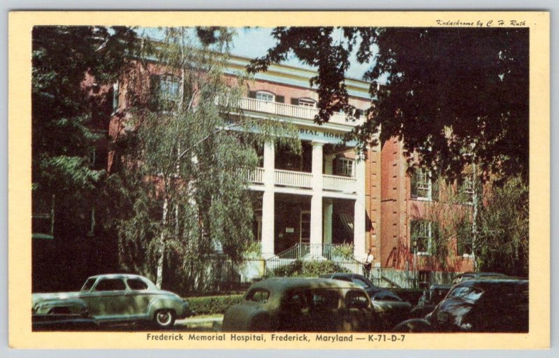 1930's FREDERICK MEMORIAL HOSPITAL MARYLAND OLD CARS MODERN PHARMACY POSTCARD