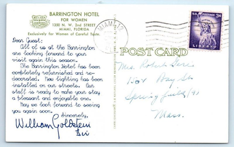 MIAMI, Florida FL ~ Roadside BARRINGTON HOTEL For Women 1959  Postcard 
