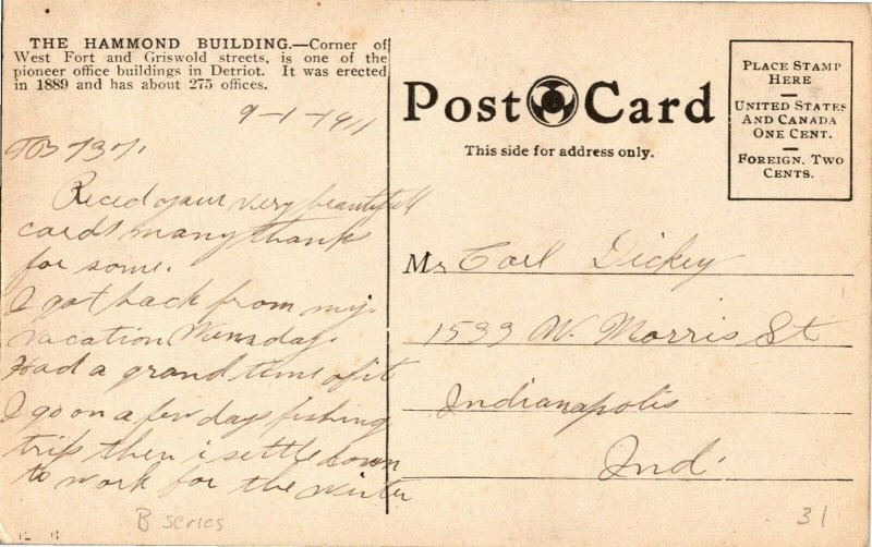 Hammond Building, Early Office Bldg Detroit MI c1911 Vintage Postcard W30