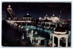 1914 Night View White City Lakeside Park Bridge Denver Colorado Vintage Postcard