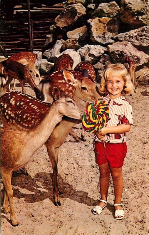 Deer Ranch Silver Springs Florida Cute Little Girl shares Lollipop Postcard