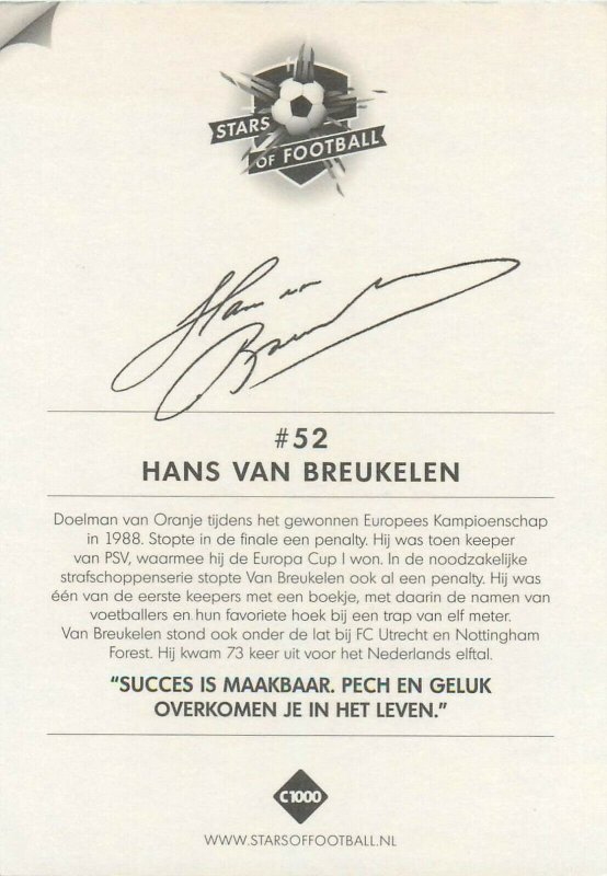 Stars of football Netherlands trade card printed signature Hans van Breukelen