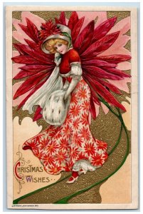 Christmas Pretty Girl Poinsettia Flower Warmer John Winsch Embossed Postcard