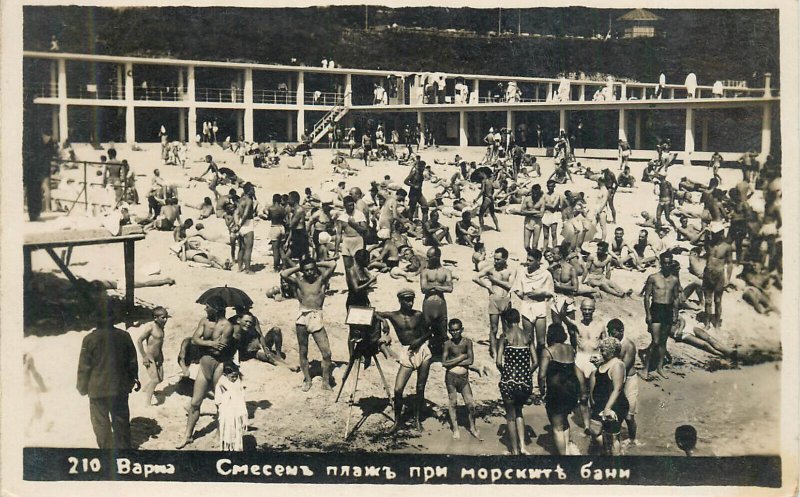 Bulgaria Varna crowded mixed beach and the sea baths real photo postcard