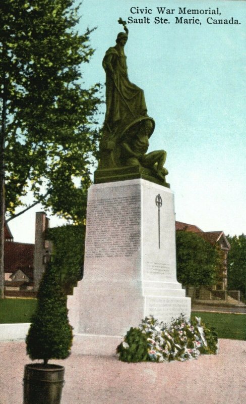 Vintage Postcard 1910's Civic War Memorial Sault Suite Marie Canada