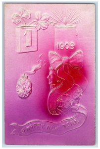 1909 New Year Woman Face Ribbon Calendar Shamrock Airbrushed Embossed Postcard