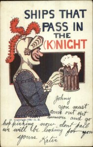Foamy Beer Mug Knight of Armor Ships Pass in the (K)Night c1905 Postcard