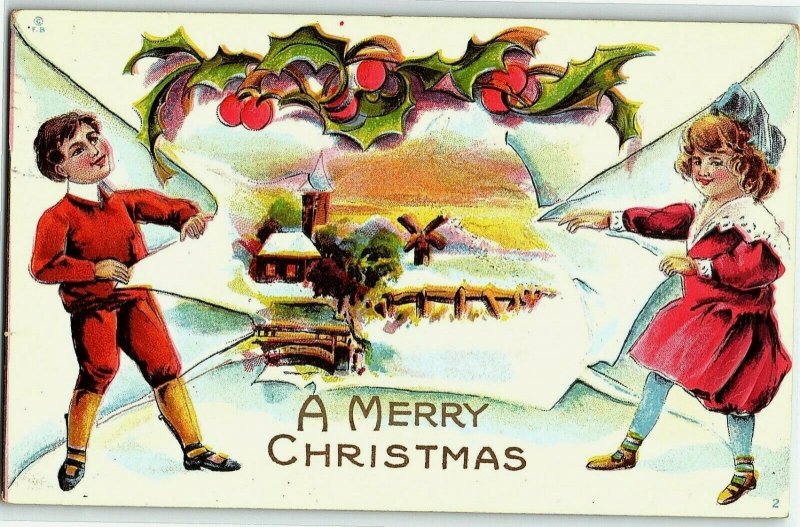 1907-15 Merry Christmas Postcard Children Pulling Up Curtain To Farm Scene Holly 