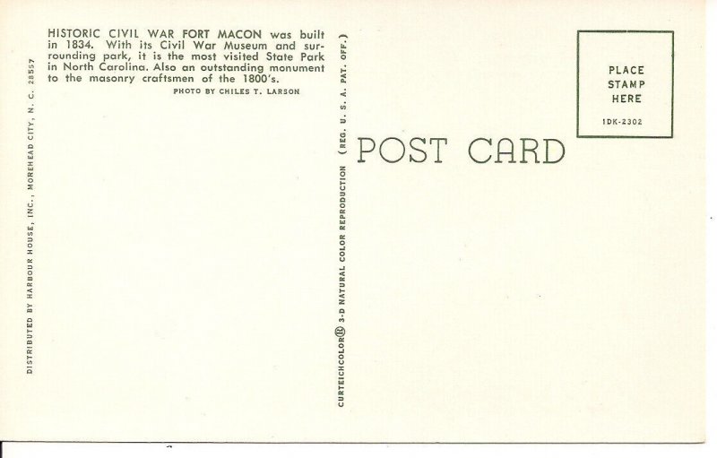 Fort Macon NC, Civil War Fort, Union, Military History, Teich Chrome, 1970