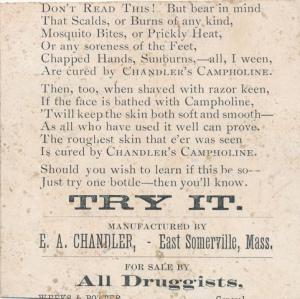 Chandler's Campholine Victorian Trade Card - East Somerville MA, Massachusetts