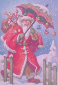 Santa Claus Holds Umbrella Toys Old World Antique Vintage Christmas Postcard