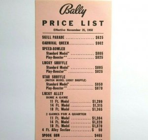 Arcade Game Prices Bingo Pinball Nov 25 1958 Skill Parade Carnival Queen