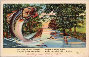 Greetings from Avila California Fishing Exaggerated Fish Linen Postcard H58