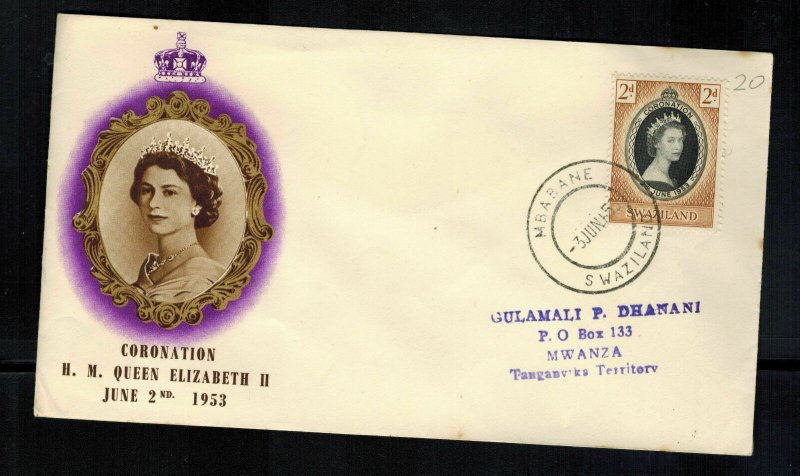 1953 Swaziland Coronation to Mwanza FDC first day cover Queen Elizabeth 2