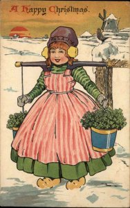 E. Nister No. 334 Little Dutch Girl with Clovers Christmas c1910 Postcard