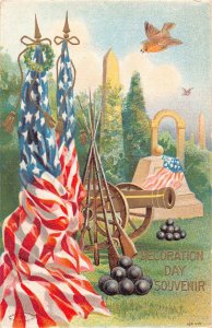 US Patriotic 1909 Decoration Day Flags Bird Canon embossed postcard B986