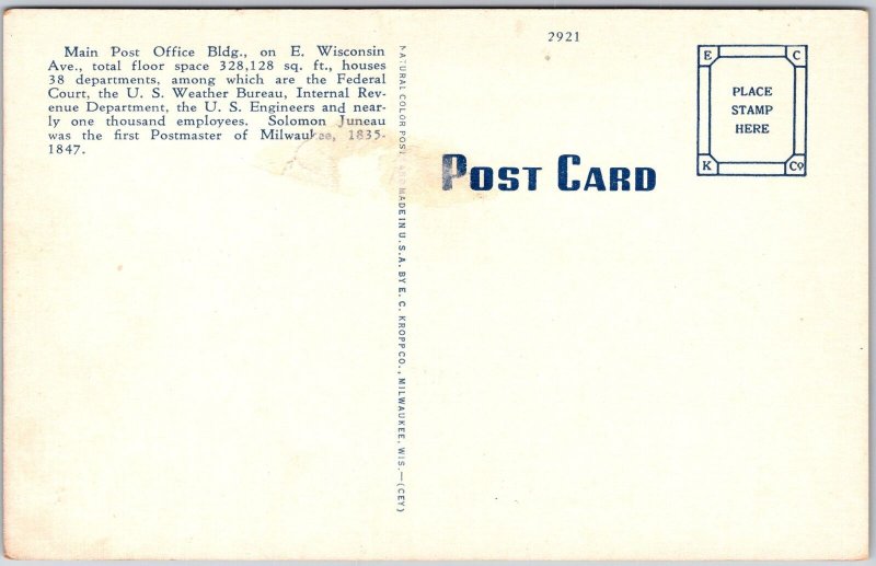 Milwaukee Wisconsin WI, Post Office Building,  Street Corner, Vintage Postcard