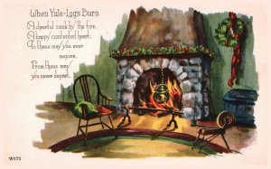 Antique Postcard 1950s Christmas Used No Stamp Yule Logs Fireplace 5.5 x 3.5