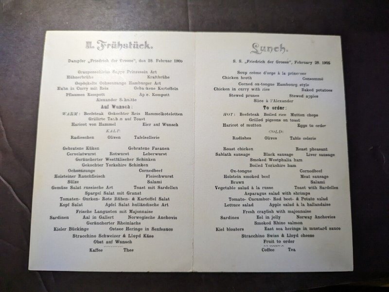 February 28 1905 NDL Bremen Ship Menu Dampfer SS Friedrich der Grosse Lunch Menu