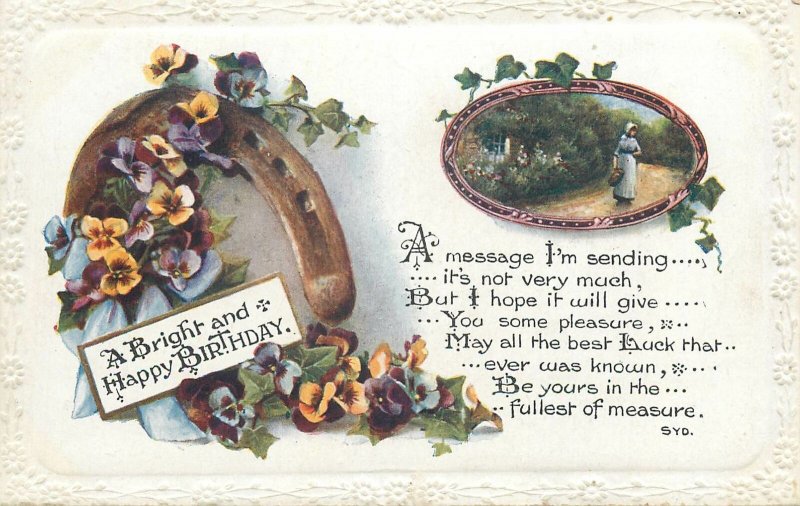 British embossed postcard horseshoe  floral design a Bright Happy Birthday greet