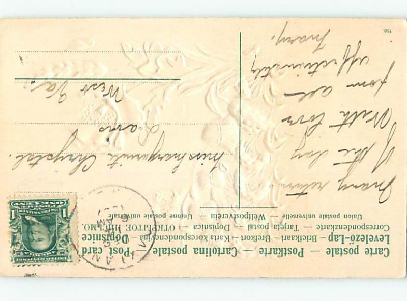 Pre-Linen BEAUTIFUL EMBOSSED PINK FLOWER AND HAYSTACKS ON FARM FIELD HJ4622