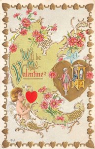 VALENTINE HOLIDAY COLONIAL ROMANCE CUPID HEART OHIO EMBOSSED POSTCARD 1911