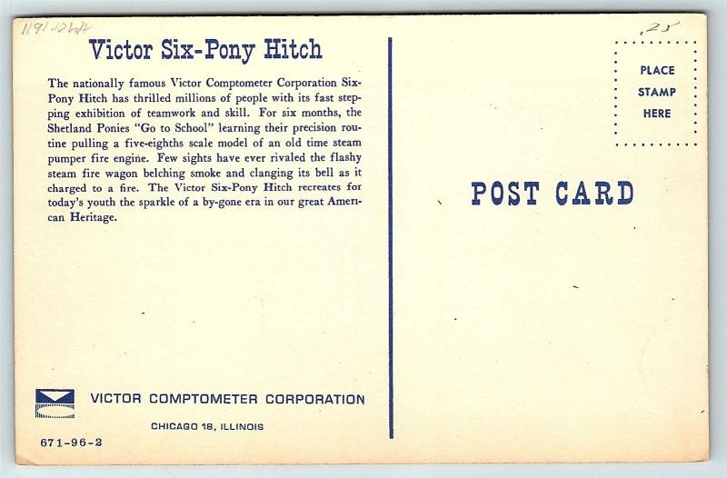 Postcard Ad Card Victor Six Pony Hitch Steam Fire Wagon Comptometer Corp B35