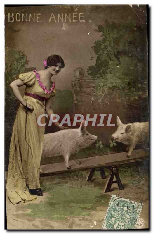 Old Postcard Cochon Pig Woman