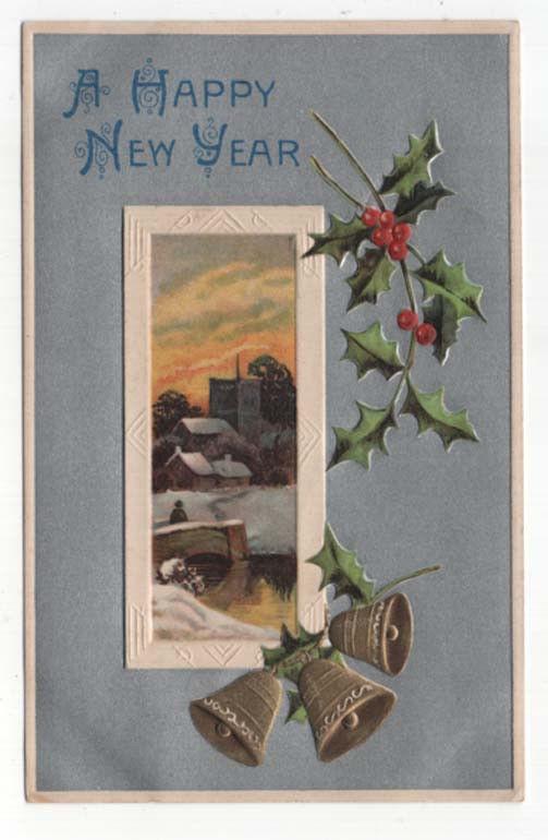 Vintage  New Year Greetings Post Card,  Bridge to Town in Winter, Gold Bells