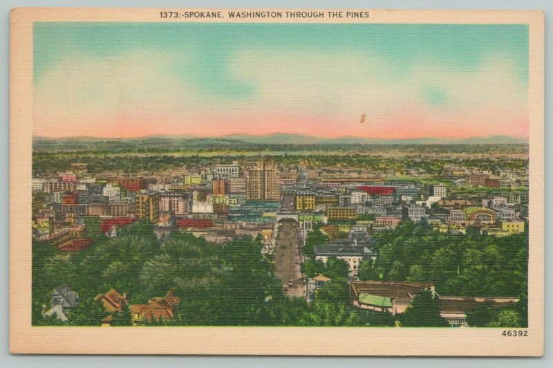 Spokane Washington~View of Spokane Through the Pines~1940s Linen Postcard