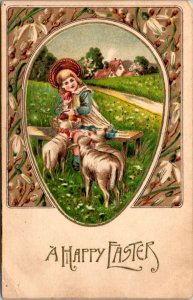 Easter Postcard Lambs with a Young Girl and a Basket of Fruits