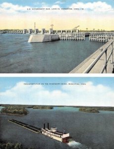 2~Postcards  Muscatine, Iowa IA   GOVERNMENT DAM & PADDLEWHEEL BOAT  ca1940's