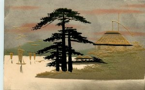 Hand Painted Japanese Art Postcard Trees Boats Hut Metallic Paint Silvery Sunset