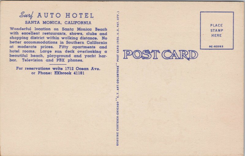 Santa Monica CA Surf Auto Hotel Map Unused Vintage Linen Postcard F90