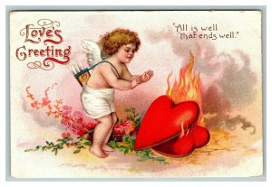 Vintage 1911 Clapsaddle Valentines Postcard Cupid Warming Hands Burning Heart