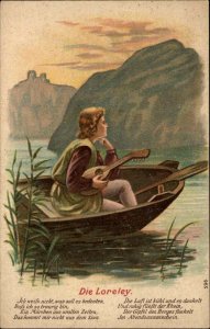 German Legend Fantasy Loreley Siren Young Man Mandolin c1910 Vintage Postcard