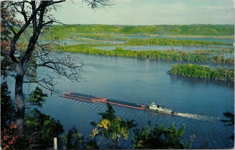 Mississippi Tow Boat River Wisconsin Bluffs Postcard Sun VTG UNP Vintage Unused  