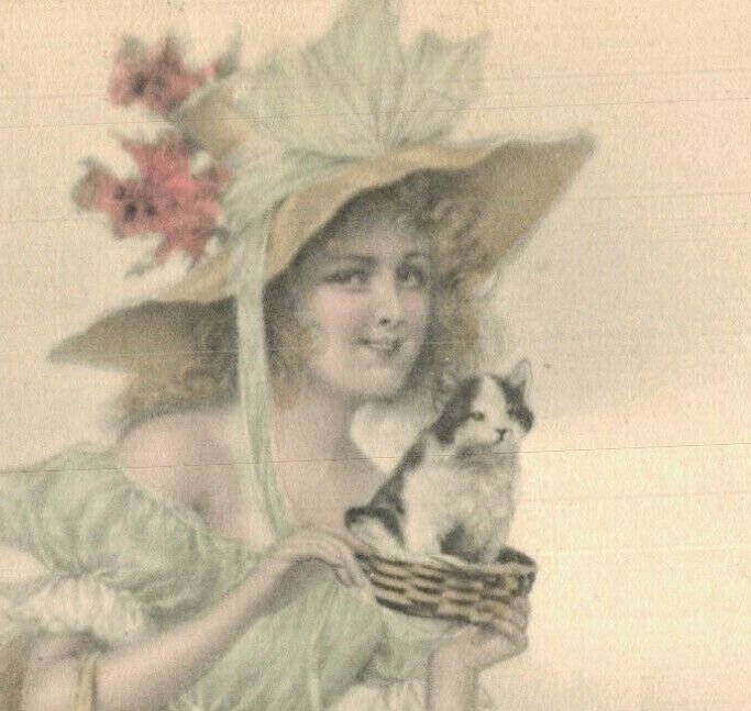 Art Nouveau Lady With Her Cat Vintage Postcard 07.66