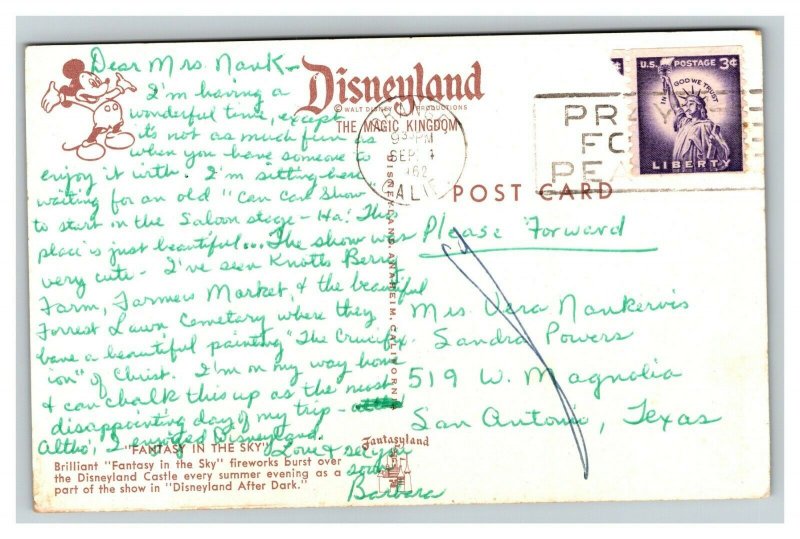Vintage 1962 Postcard Disneyland Castle Fantasy in the Sky Fireworks California