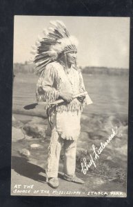 RPPC ITASCA MINNESOTA SOURCE MISSISSIPPI RIVER INDIAN CHIEF REAL PHOTO POSTCARD