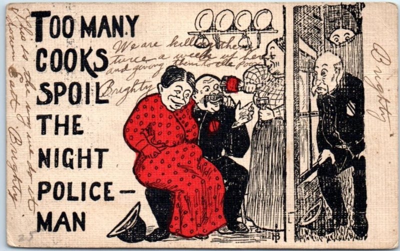 Postcard - Too Many Cooks Spoil The Night Policeman with Comic Art Print