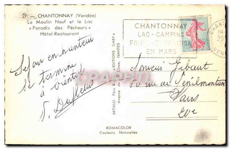 Postcard Modern Chantonnay Le Moulin Neuf and Lac Paradis des Pecheurs Hotel ...
