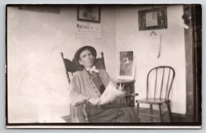 RPPC Women Skeleton Thin Face Sickly Rocking Chair with Magazine Postcard B30