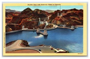 Boulder Dam With Reservoir At Capacity Arizona Nevada NV UNP Linen Postcard S13