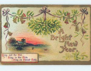 Unused Divided-Back new year MISTLETOE & BELLS & RIBBON o4775